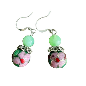 Asian Style Handmade Beaded Silver Tone Dangle Drop Earrings